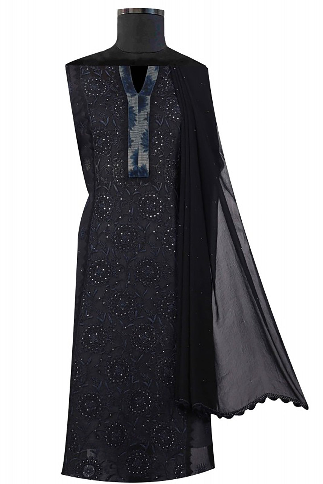 Ada Hand Embroidered Black Tissue Lucknowi Chikankari Unstitched Kurta Dupatta Set With Muqaish Work A606148