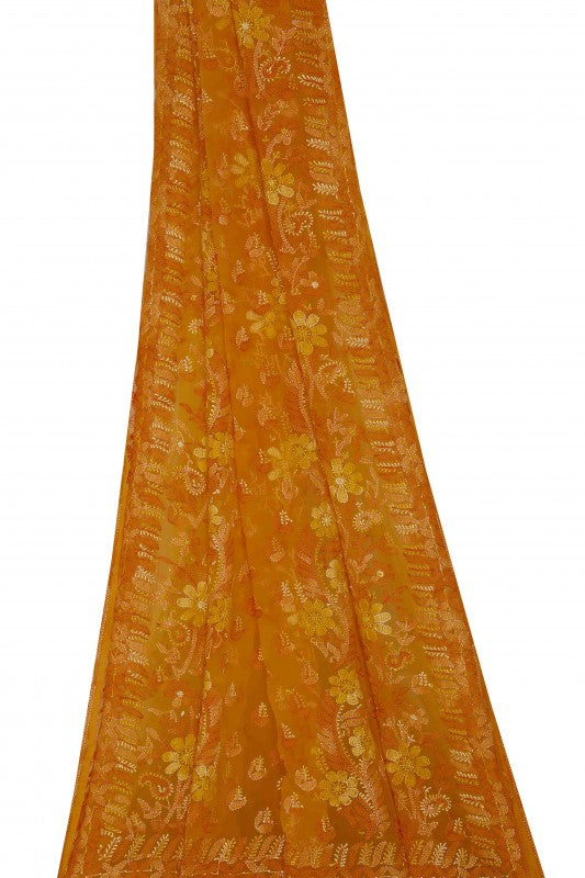 Ada Hand Embroidered Tangerine Orange Georgette Lucknowi Chikankari Saree with Blouse A610288