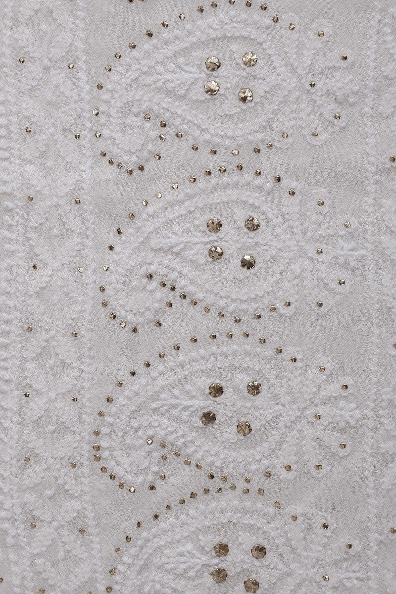 Ada Hand Embroidered White Pure Georgette Lucknowi Chikan Unstitched Kurta Dupatta with Muqaish Work– A590754