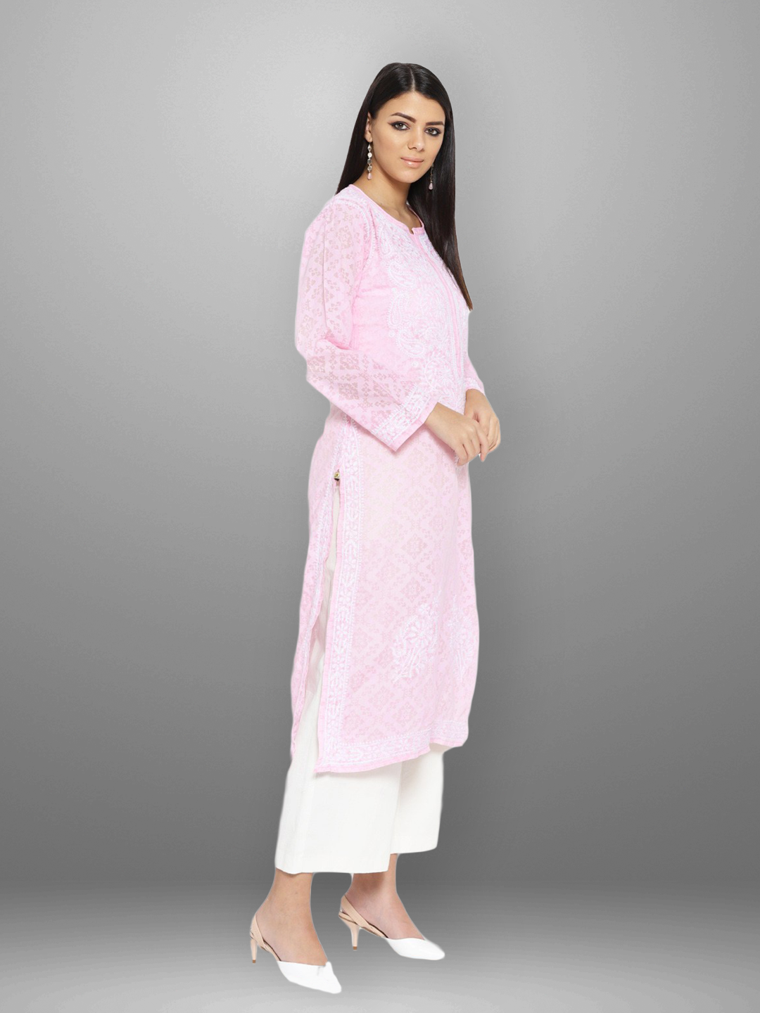 Ada Hand Embroidered Pink Cotton Lucknowi Chikankari Straight Kurta A100108