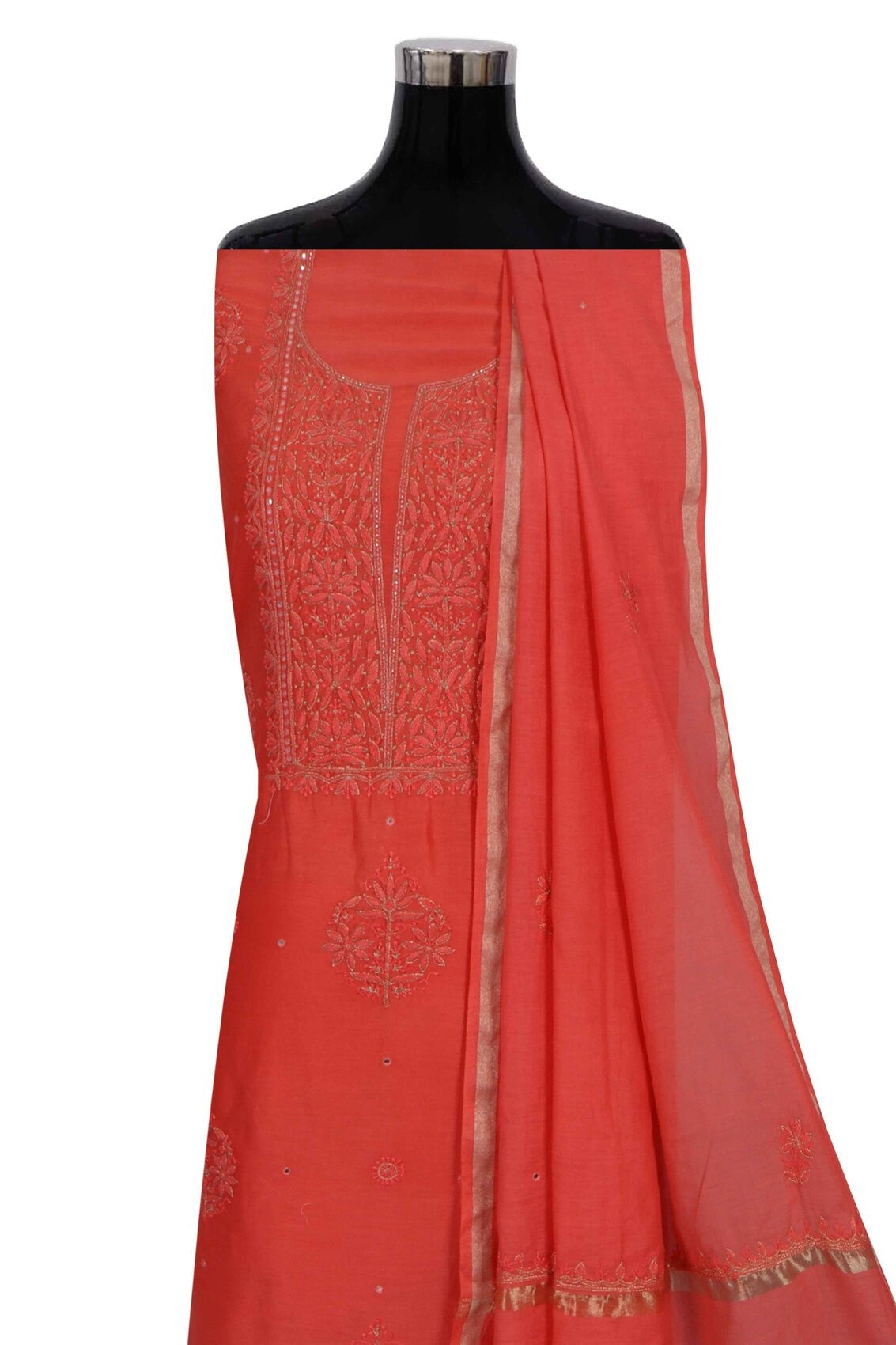Ada Hand Embroidered Dark Peach Chanderi Lucknowi Chikankari Unstitched Kurta Dupatta Set With Zari Work 01A133827