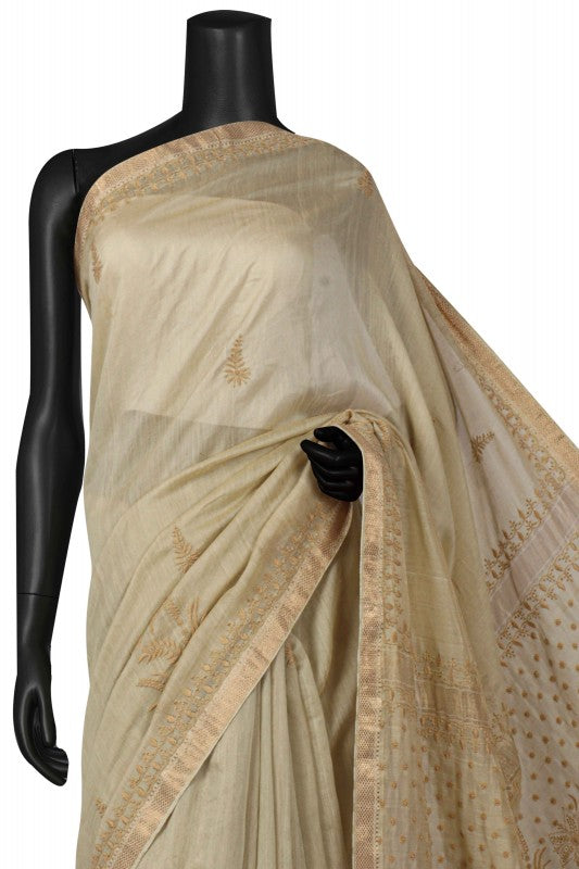 Ada Hand Embroidered Light Olive Green Tissue Lucknowi Chikankari Saree With Blouse A615158