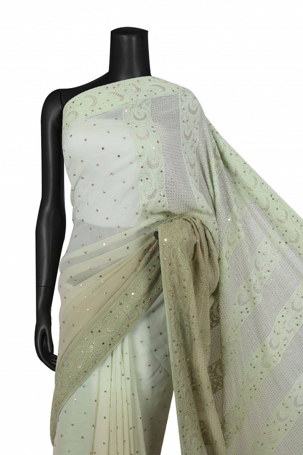 Ada Hand Embroidered Pistachio Green Pure Georgette Lucknowi Chikankari Saree/Blouse With Muqaish Work A580481