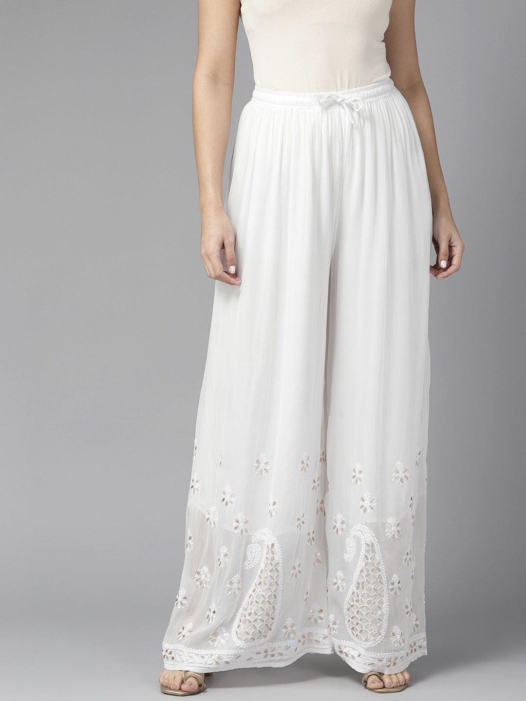 Ada Hand Embroidered White Georgette Lucknowi Chikankari Palazzo With Gota Patti Work A711168