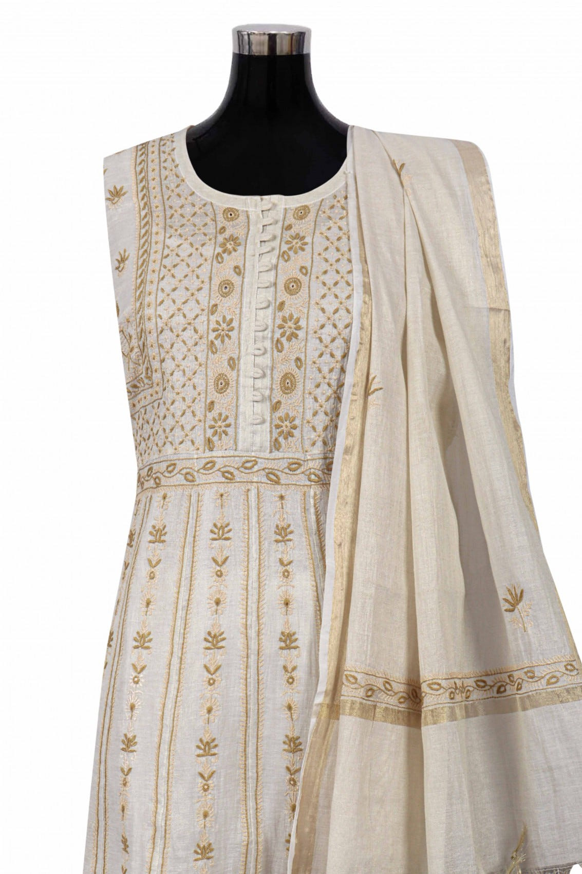 Ada Hand Embroidered Cream Tissue Lucknowi Chikankari Semi-Stitched Anarkali Kurta Dupatta Set 01A146179