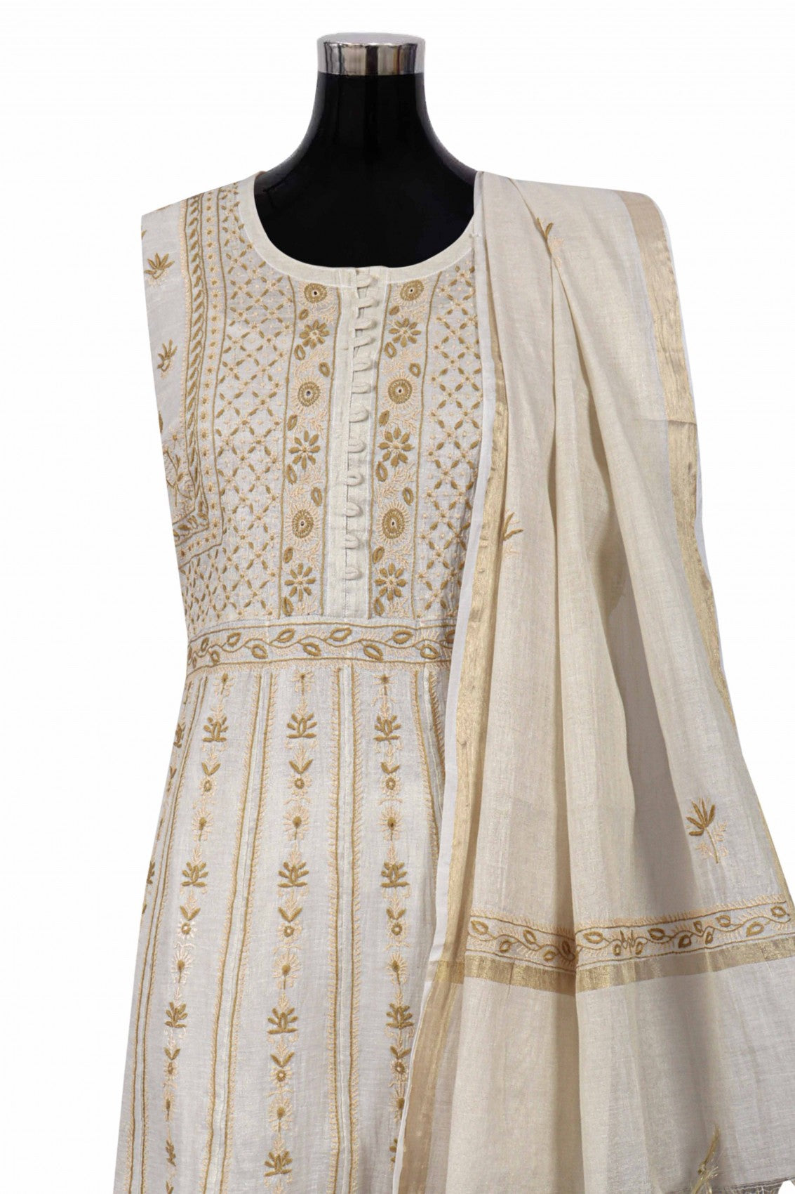Ada Hand Embroidered Cream Tissue Lucknowi Chikankari Semi-Stitched Anarkali Kurta Dupatta Set 01A146179