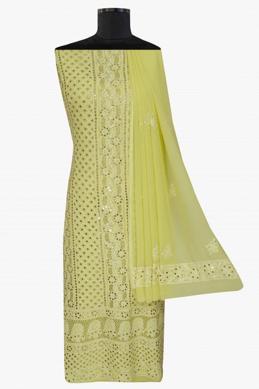 Ada Hand Embroidered Lime Green Pure Georgette Lucknowi Chikan Unstitched Kurta-Dupatta set With Muqaish Work–A532931