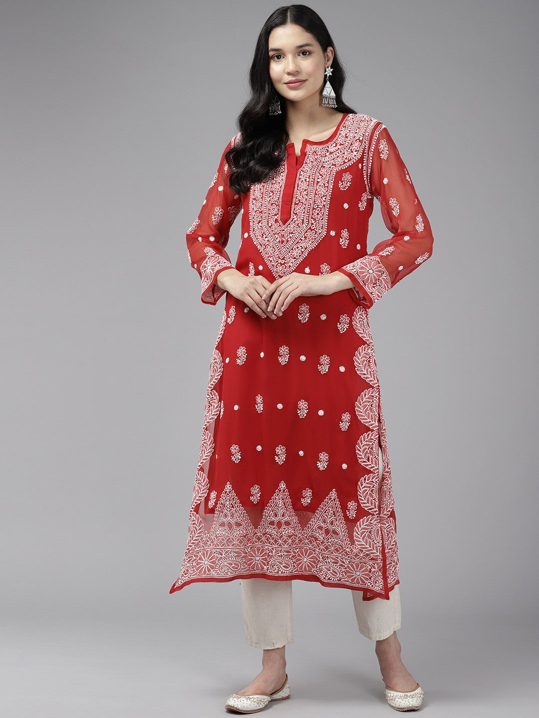 Ada Hand Embroidered Red Georgette Lucknowi Chikankari Straight Kurta With Slip A411425