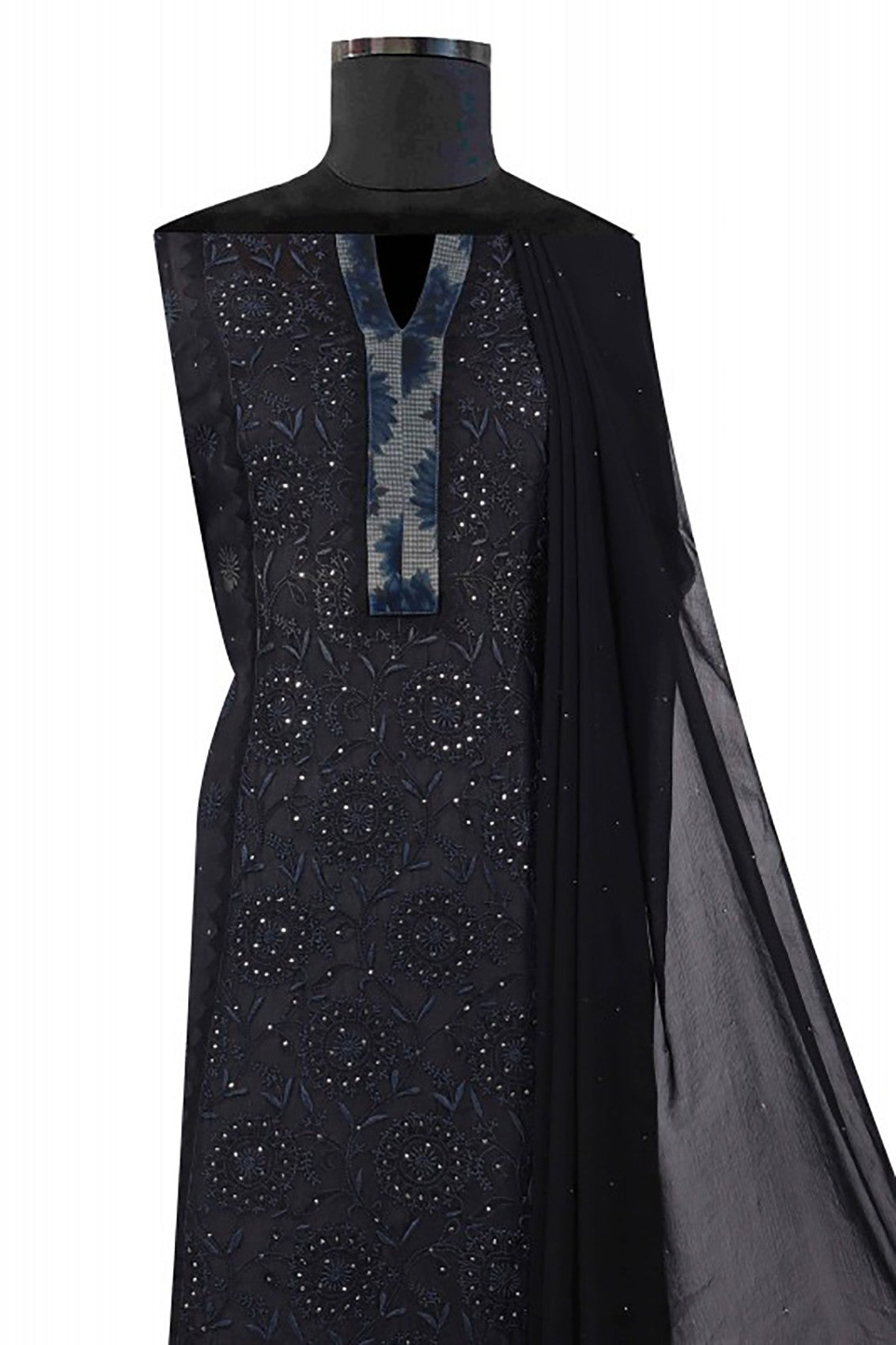 Ada Hand Embroidered Black Tissue Lucknowi Chikankari Unstitched Kurta Dupatta Set With Muqaish Work A606148