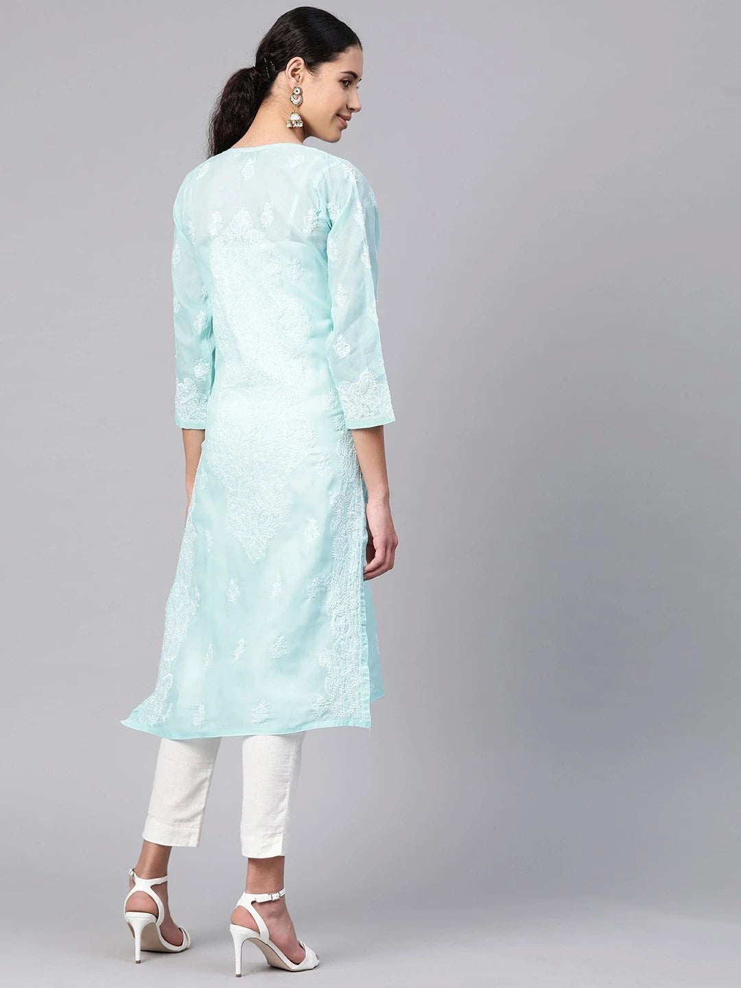 Ada Hand Embroidered Blue Cotton Lucknowi Chikankari Straight Kurta A100357