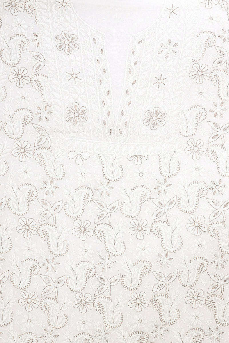 Ada Hand Embroidered White Georgette Lucknowi Chikan Unstitched Kurta Piece with Gota Patti Work A486762