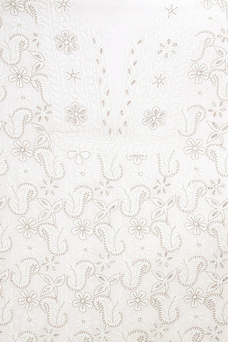 Ada Hand Embroidered White Georgette Lucknowi Chikan Unstitched Kurta Piece with Gota Patti Work A486762