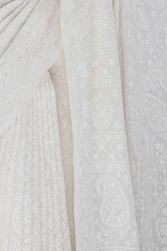 Ada Hand Embroidered White Pure Georgette Lucknow Chikankari Saree with Blouse A611791