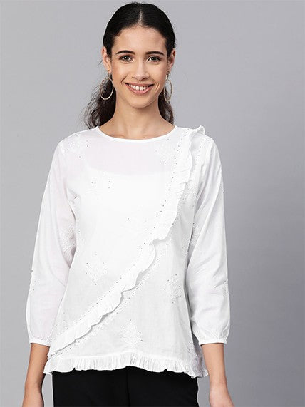 Ada Hand Embroidered White Cotton Lucknowi Chikankari Top A100135