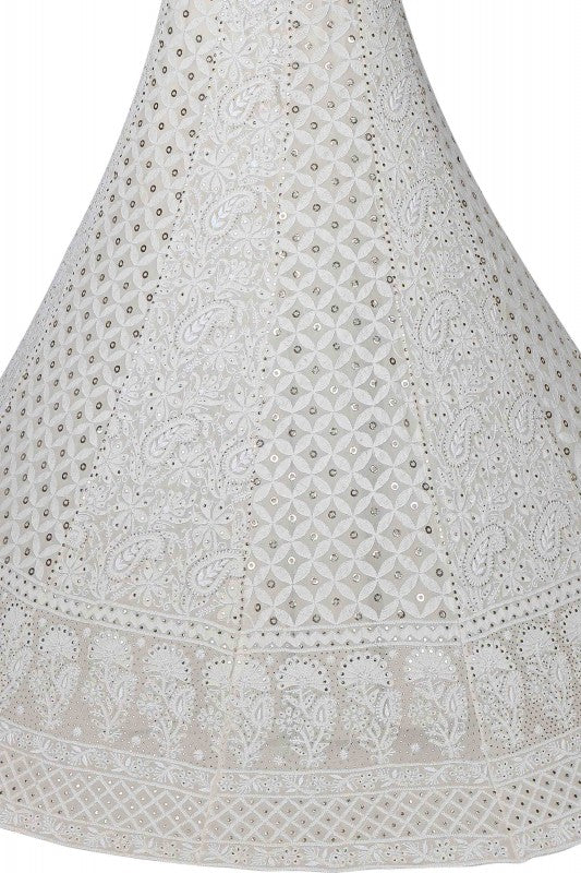 Ada Hand Embroidered Off White Pure Georgette Lucknowi Chikankari Lehenga Set With Muqaish Work– A578277