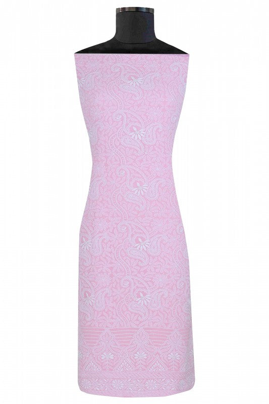 Ada Hand Embroidered Onion Pink Pure Georgette Lucknowi Chikan Unstitched Kurta Dupatta Set with Pearl Work A609230
