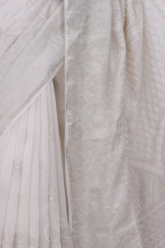 Ada Hand Embroidered White Chanderi Lucknowi Chikankari Saree with Blouse A612062