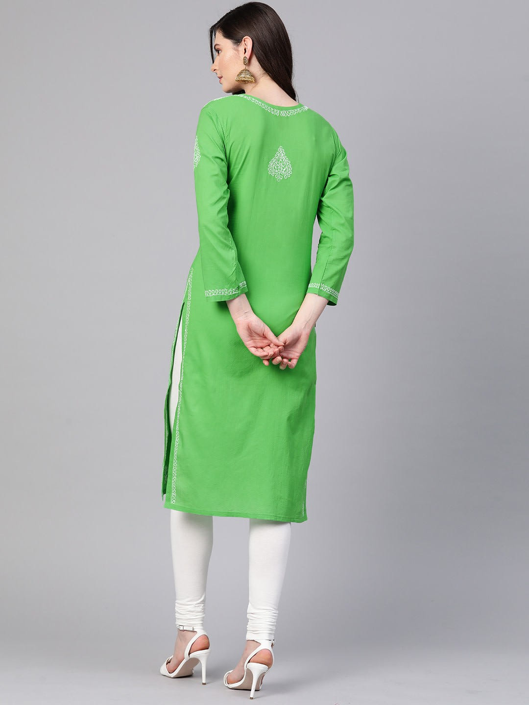 Ada Hand Embroidered Green Pure Cambric Cotton Lucknowi Chikankari Straight Kurta A100350