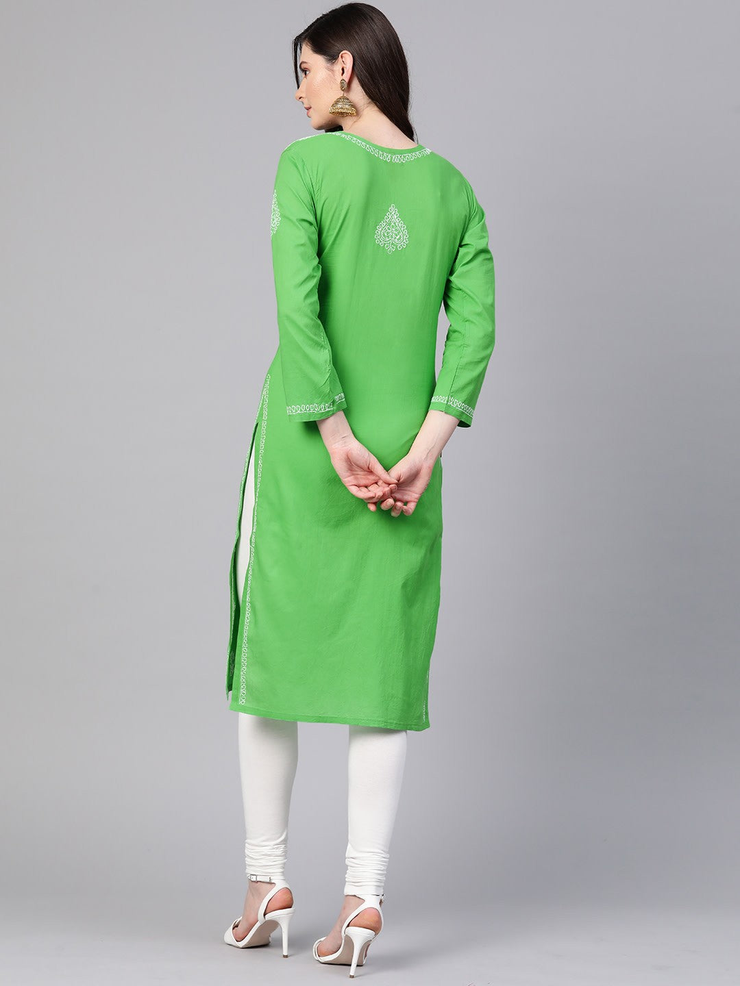 Ada Hand Embroidered Green Pure Cambric Cotton Lucknowi Chikankari Straight Kurta A100350