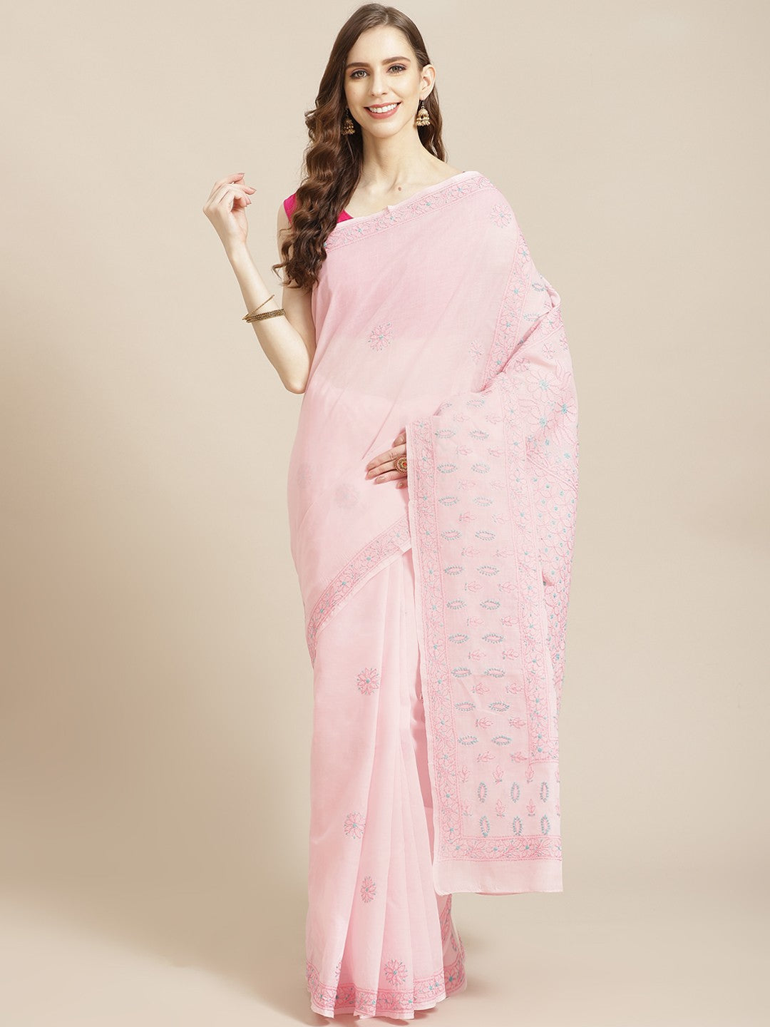 Ada Hand Embroidered Pink Cotton Lucknow Chikan Saree With Blouse-A311211