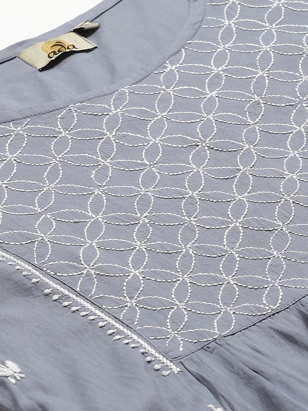 Ada Hand Embroidered Grey Cotton Lucknowi Chikankari A-Line Kurta With Trouser A100338