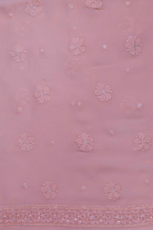 Ada Hand Embroidered Peach Georgette Lucknowi Chikankari Unstitched Kurta Dupatta Set With Pearl Work A586225