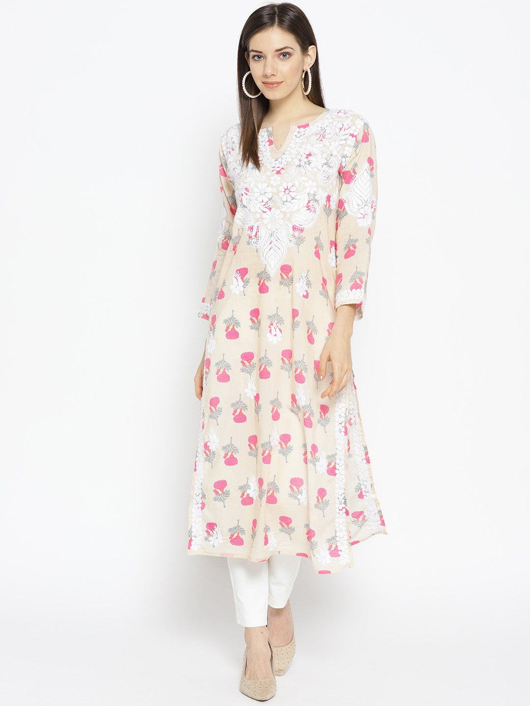 Ada Hand Embroidered Fawn Pink Cotton Lucknow Chikankari Kurta- A100026