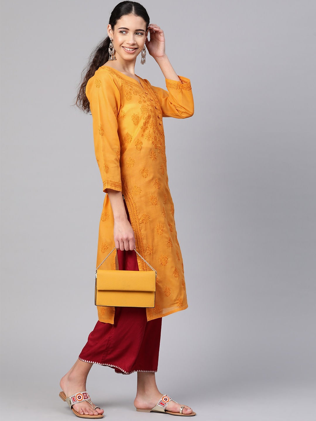 Ada Hand Embroidered Mustard Cotton Lucknowi Chikankari Straight Kurta A100366