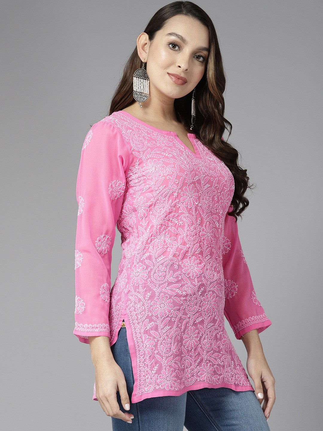 Ada Hand Embroidered Hot Pink Georgette Lucknowi Chikankari Straight Kurti A911273