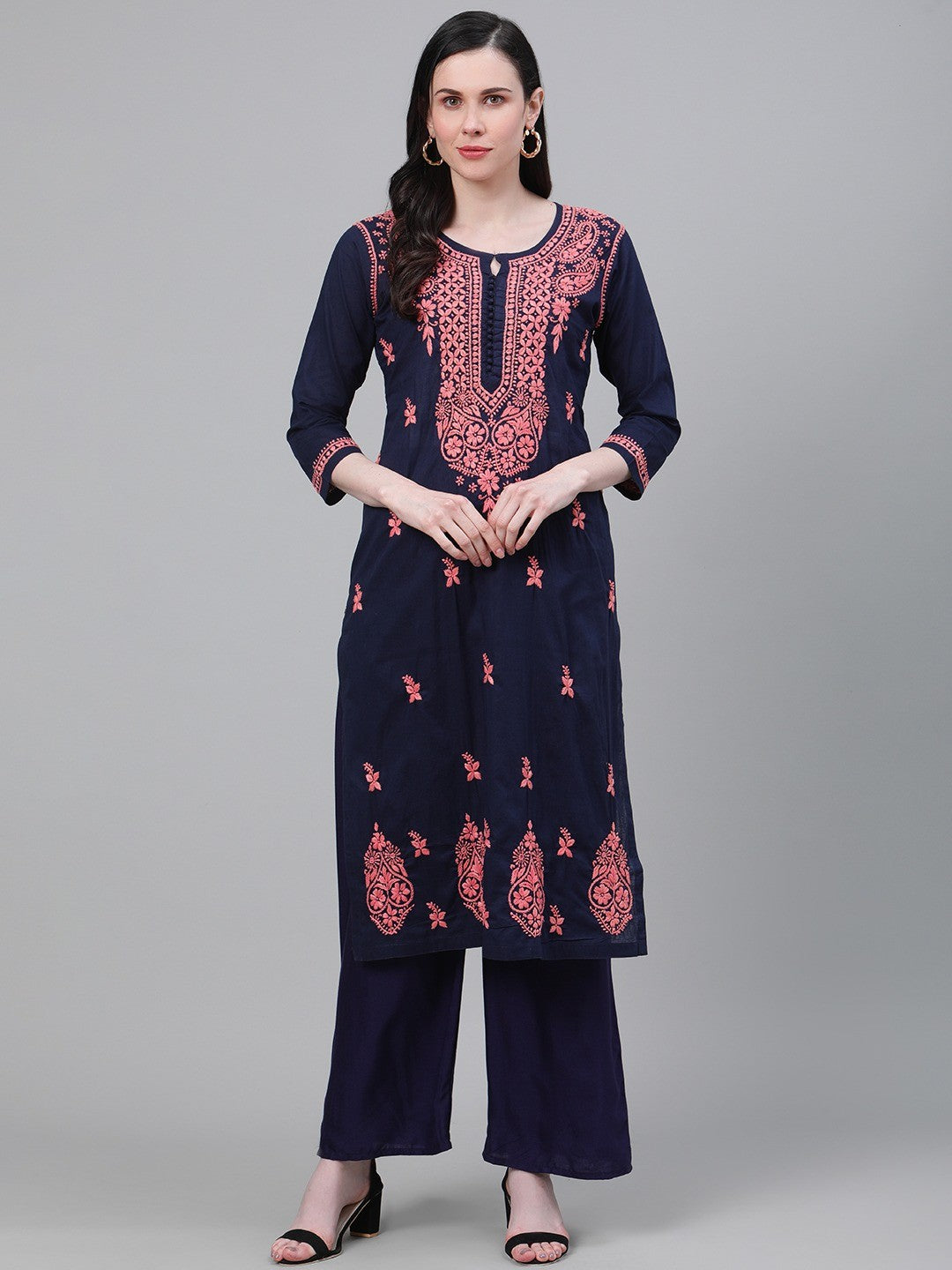 Ada Hand Embroidered Navy Blue Cotton Lucknowi Chikankari Straight Kurta A411145