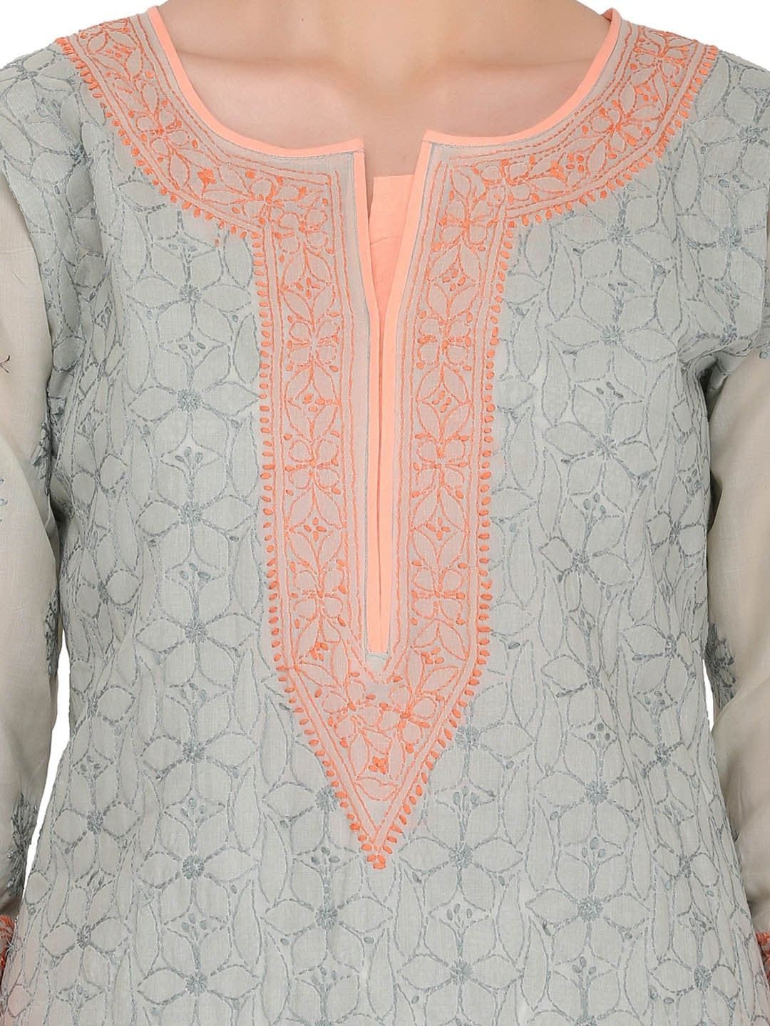 Ada Hand Embroidered Grey Cotton Lucknow Chikan Straight Kurta- A273530