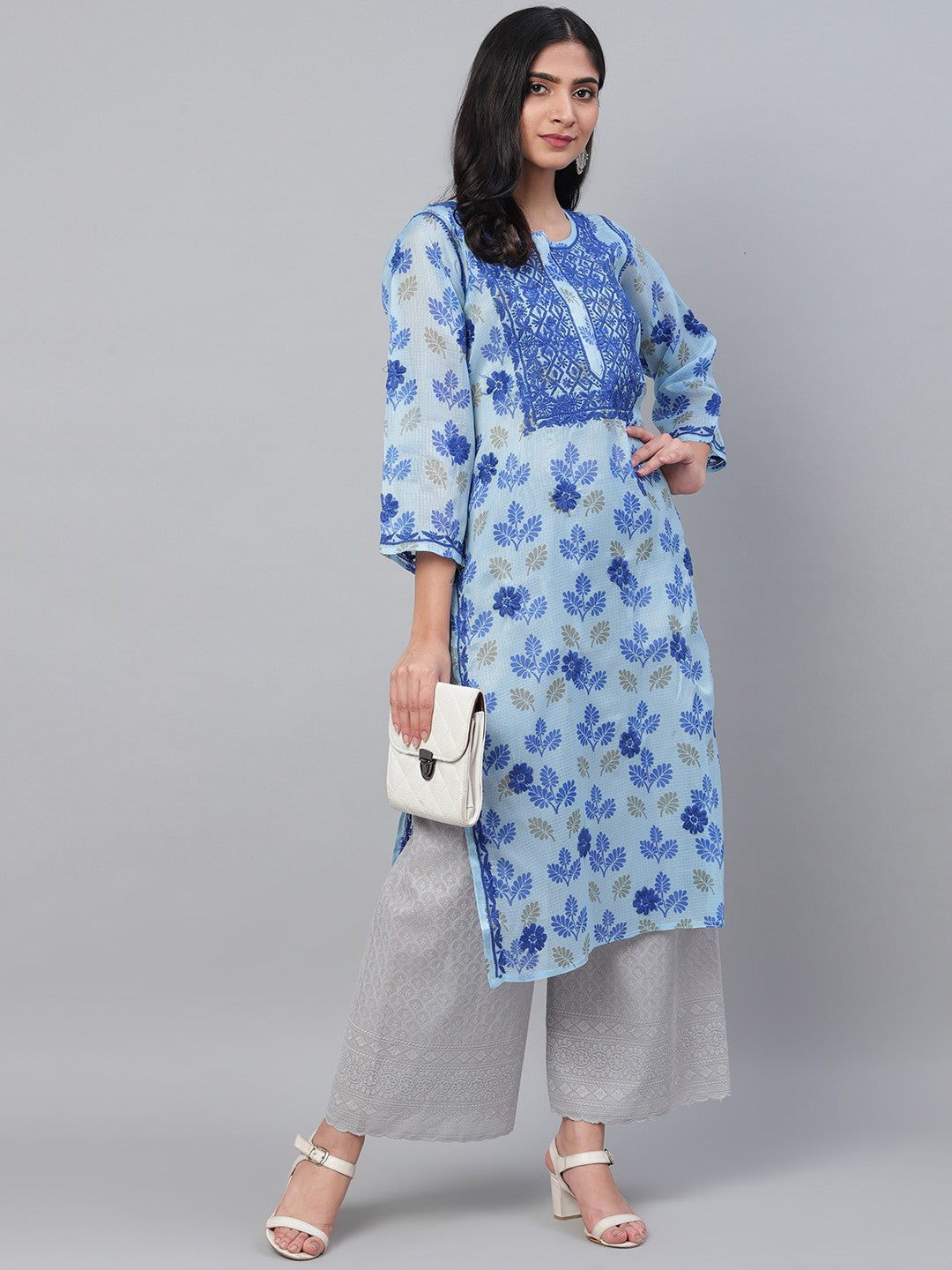 Ada Hand Embroidered Blue Kota Lucknowi Chikankari Straight Kurta A100584