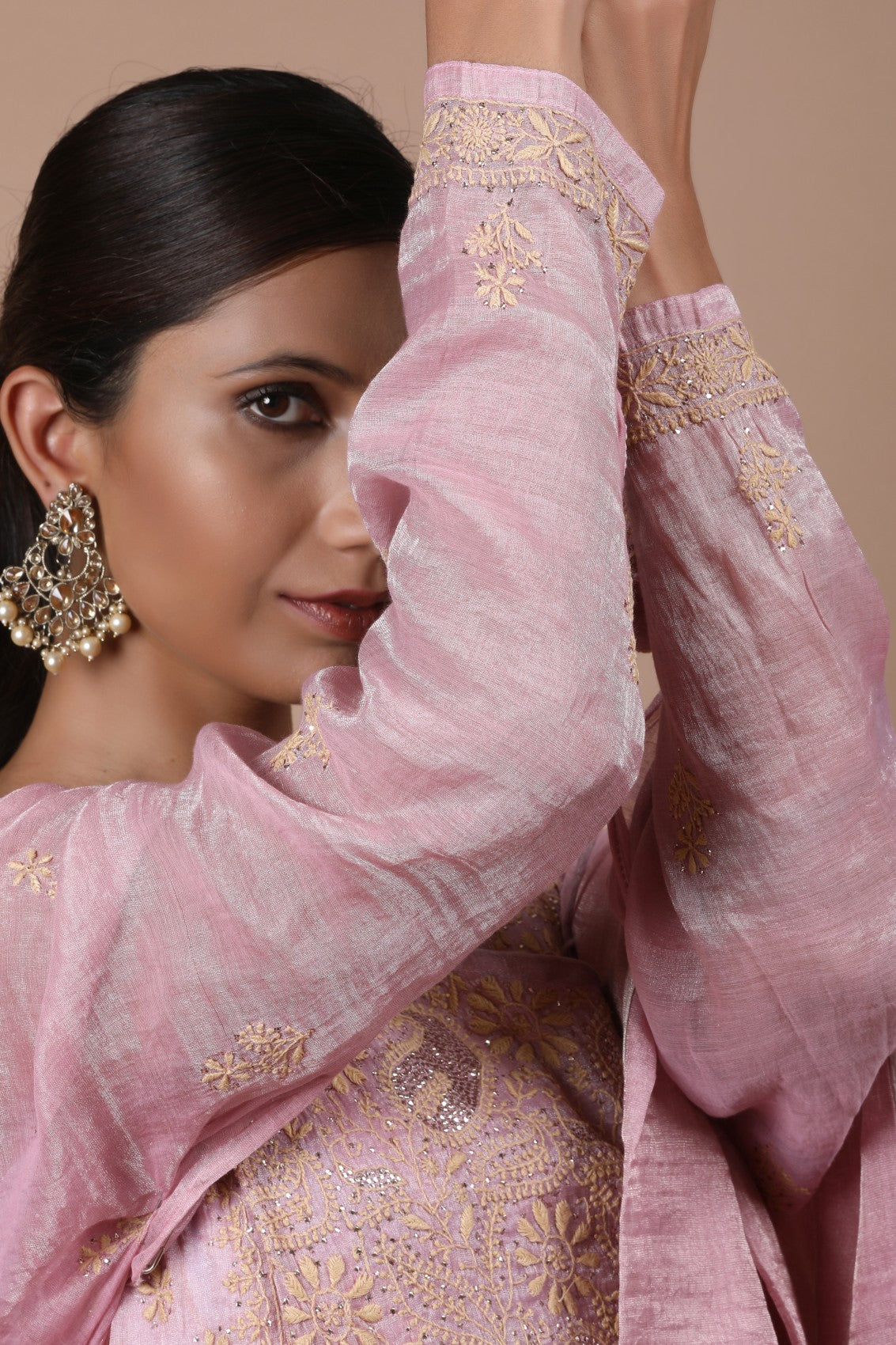 Ada Hand Embroidered Onion Pink Tissue Lucknowi Chikankari Semi-stitched Kurta Dupatta Set With Muqaish Work 01A238369