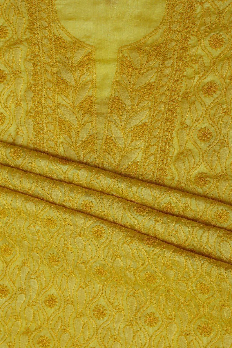 Ada Hand Embroidered Butter Yellow Tusser Silk Chikan Unstitched Kurta Piece A584789