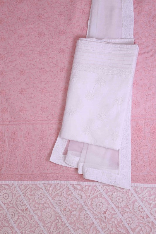 Ada Hand Embroidered Blush Pink/White Cotton Lucknowi Chikan Unstitched Suit Piece A605678