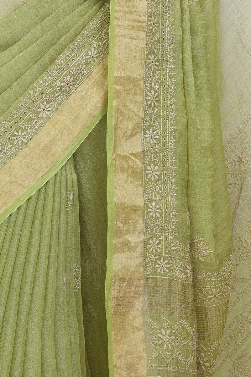 Ada Hand Embroidered Pear Green Tissue Lucknowi Chikankari Saree With Blouse- A615160