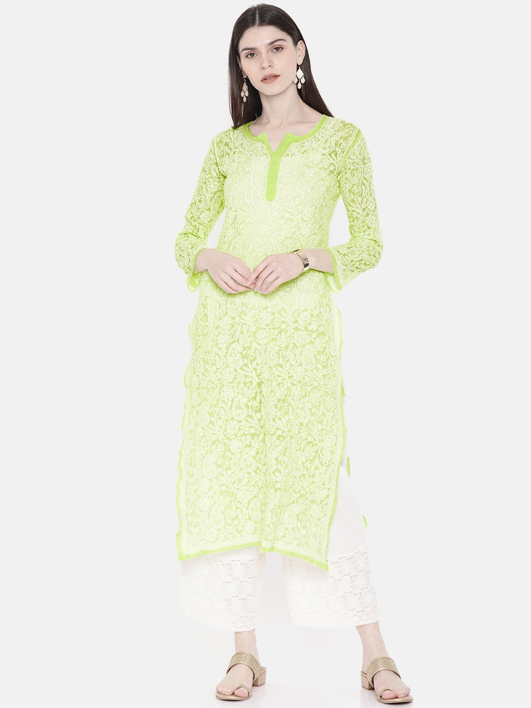 Ada Hand Embroidered Green Georgette Lucknowi Chikankari Straight Kurta A105281