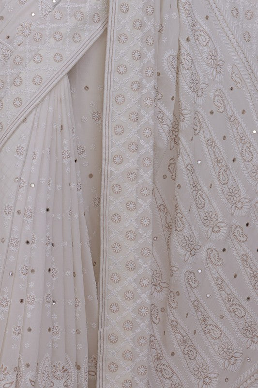 Ada Hand Embroidered White Pure Georgette Lucknowi Chikankari Saree/Blouse with Pearl work- A360411