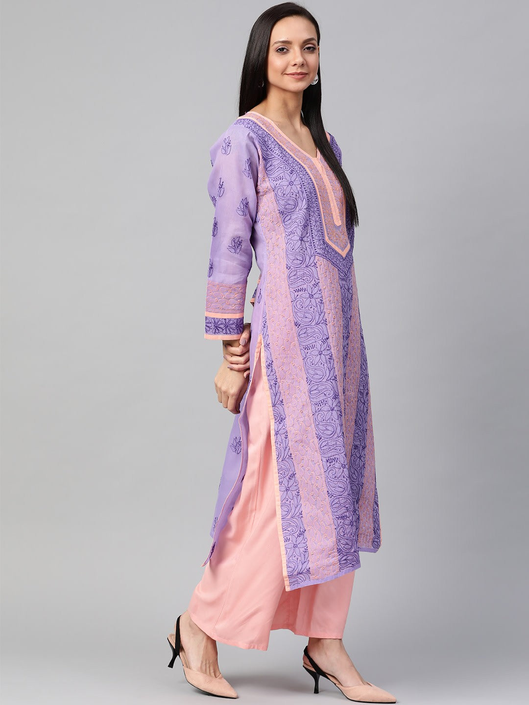 Ada Hand Embroidered Mauve Cotton Lucknow Chikan Straight Kurta- A273491