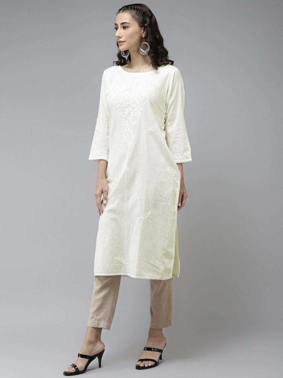 Ada Hand Embroidered Lemon Cotton Lucknow Chikan Straight Kurta A411171