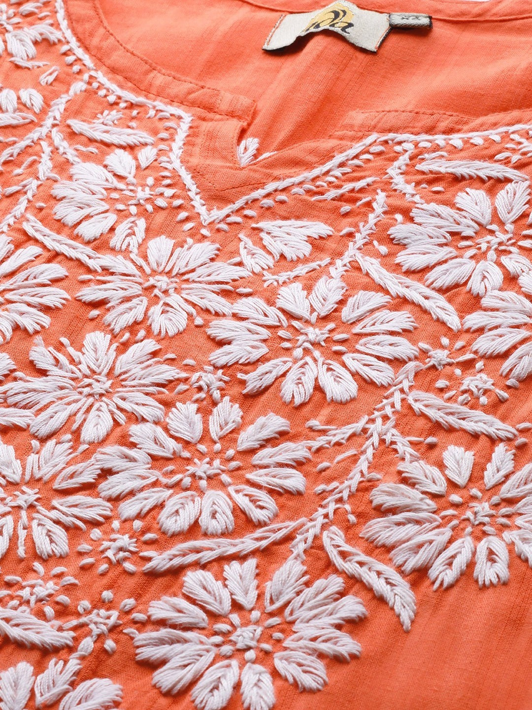 Ada Hand Embroidered Coral Orange Cotton Lucknow Chikankari Kurta A411167