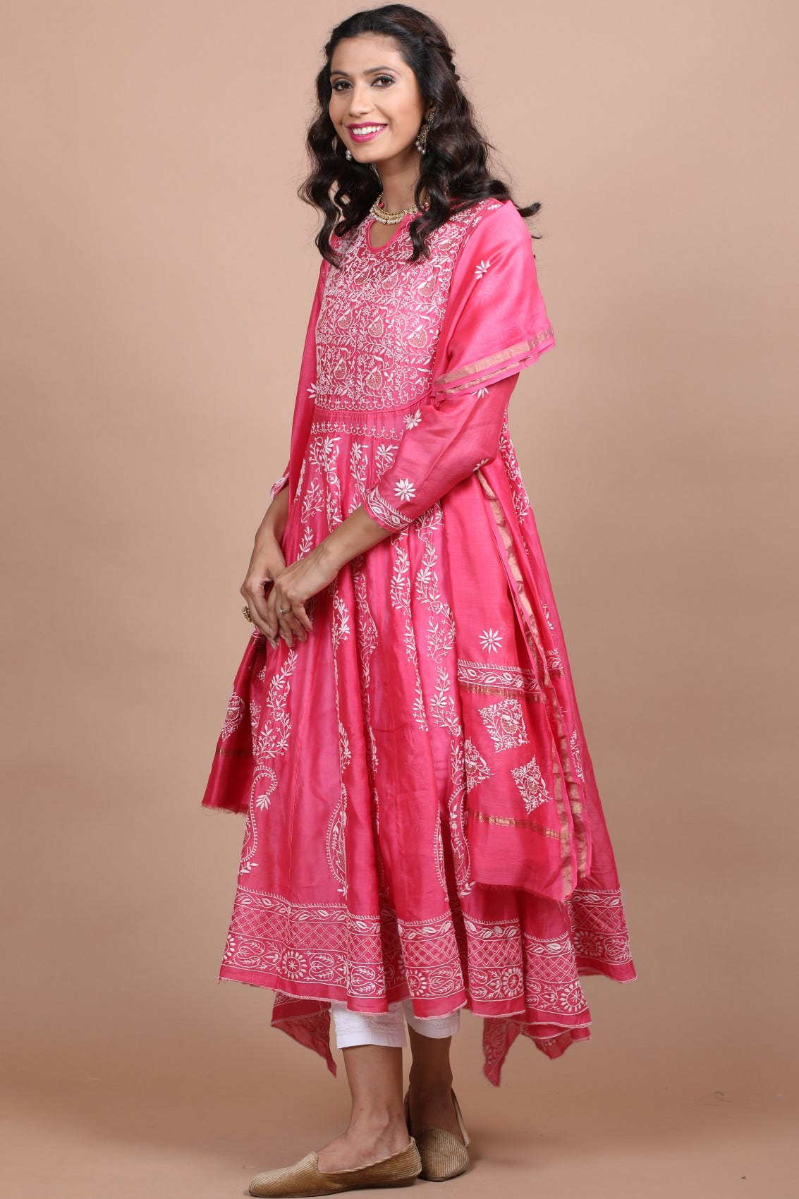 Ada Hand Embroidered Onion Pink Chanderi Lucknowi Chikankari Semi-Stitched Anarkali Kurta Dupatta Set With Zari Work 01A205812