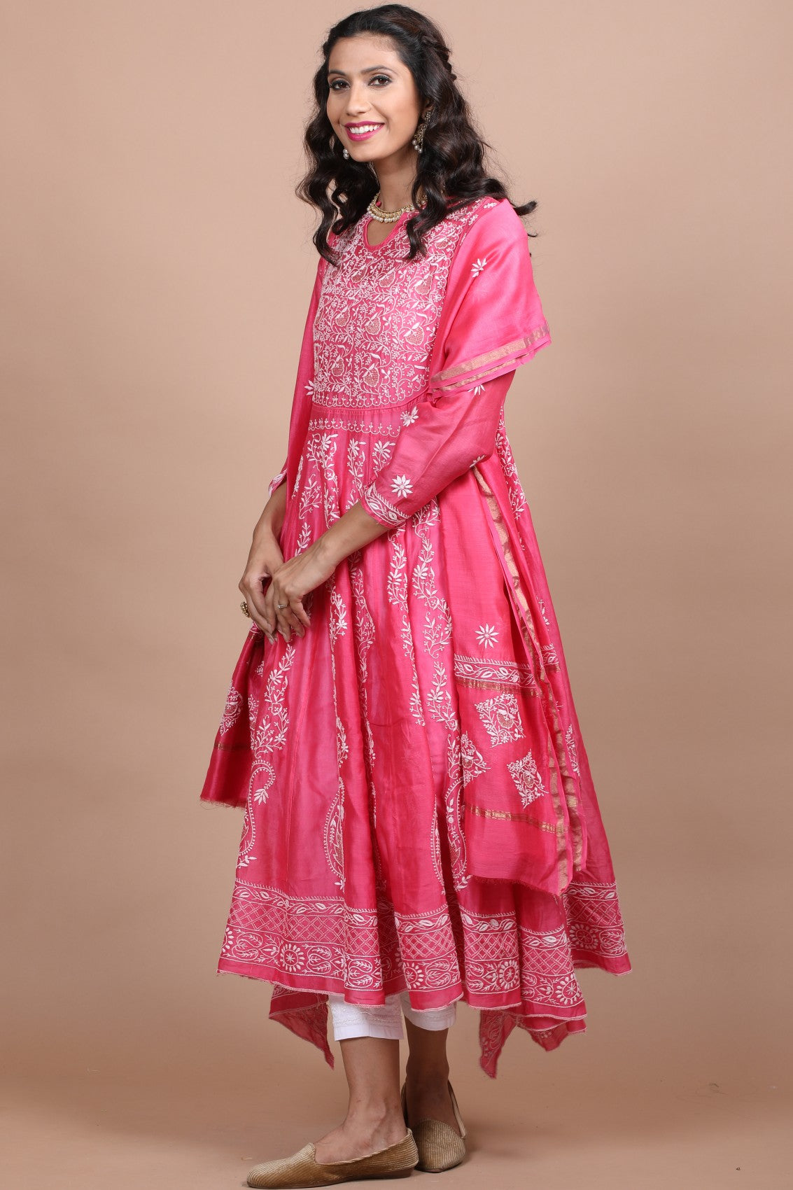 Ada Hand Embroidered Onion Pink Chanderi Lucknowi Chikankari Semi-Stitched Anarkali Kurta Dupatta Set With Zari Work 01A205812