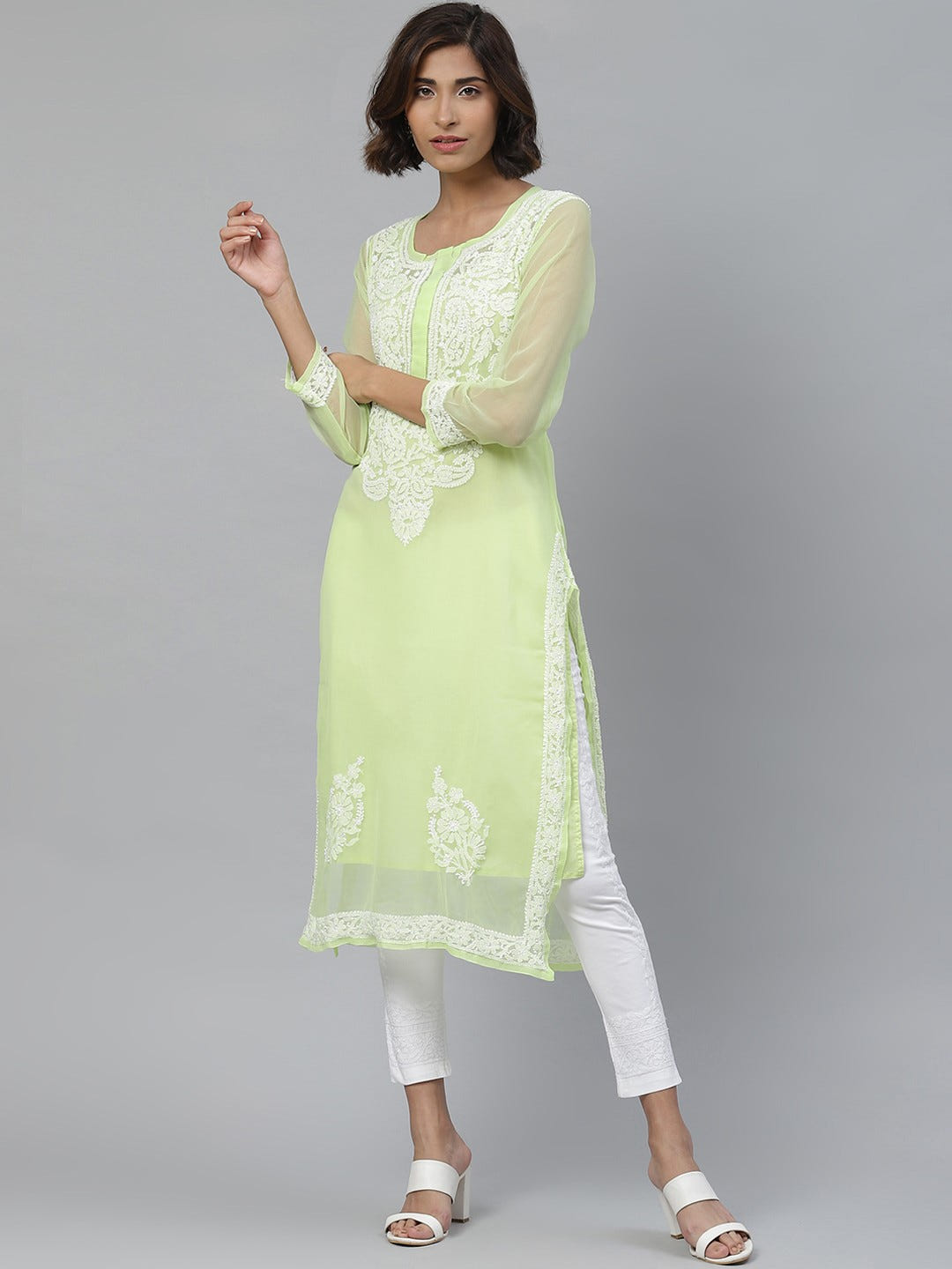 Ada Hand Embroidered Green And White Georgette Lucknow Chikankari Kurta Set with Slip A811113