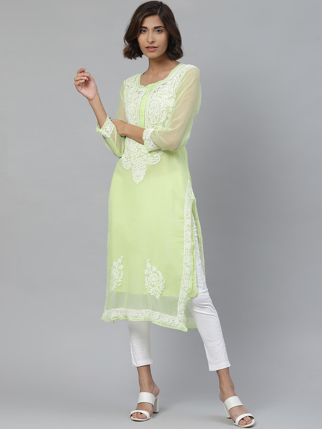 Ada Hand Embroidered Green And White Georgette Lucknow Chikankari Kurta Set with Slip A811113
