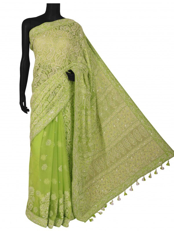 Ada Hand Embroidered Green Georgette Lucknowi Chikankari Saree/Blouse with Sequinned Work A600501