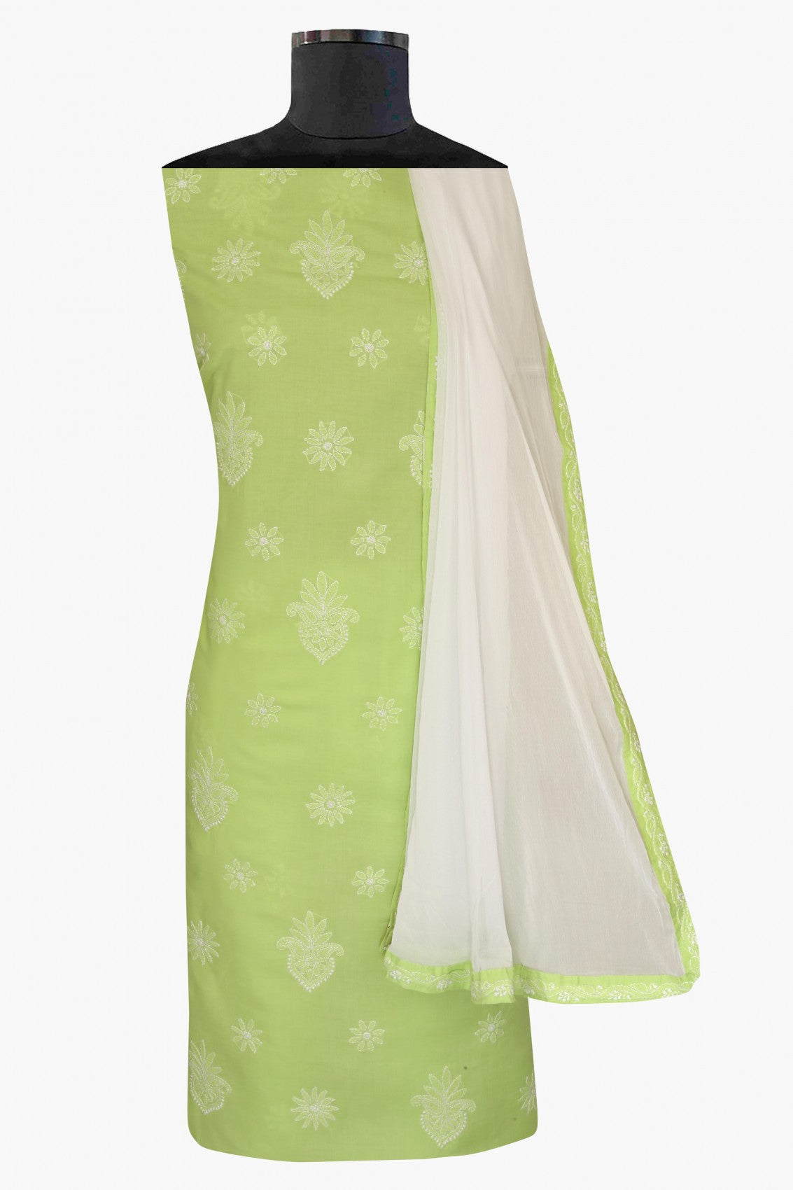 Ada Hand Embroidered Green/White Cotton Lucknowi Chikankari Unstitched Suit Piece A211201
