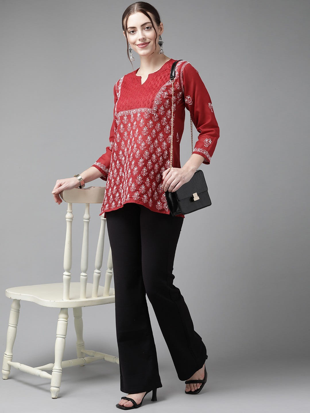 Ada Hand Embroidered Red Cotton Lucknow Chikan Kurti A911213