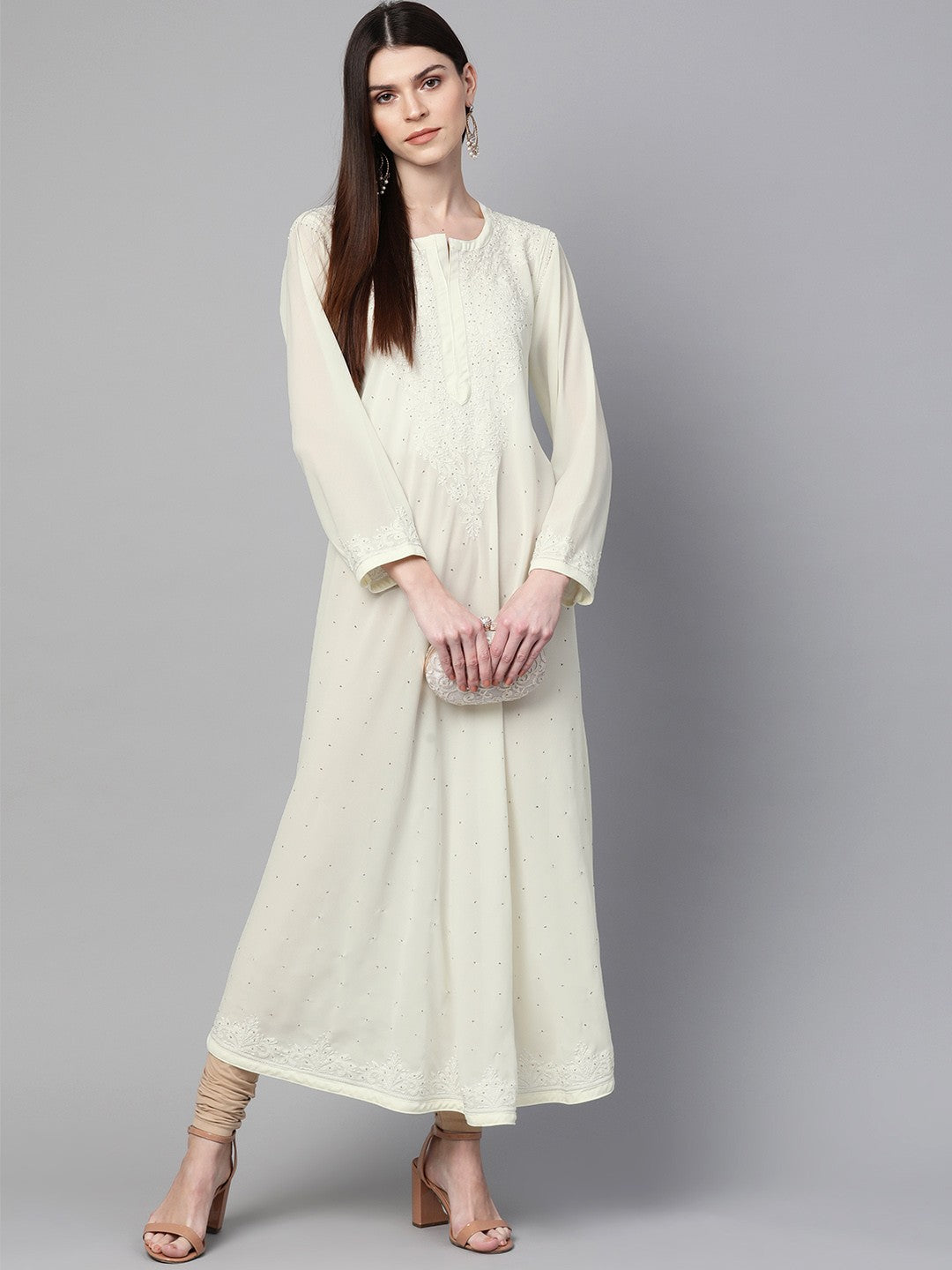 Ada Hand Embroidered Cream Georgette Lucknowi Chikan A-Line Kurta with Muqaish Work A100428