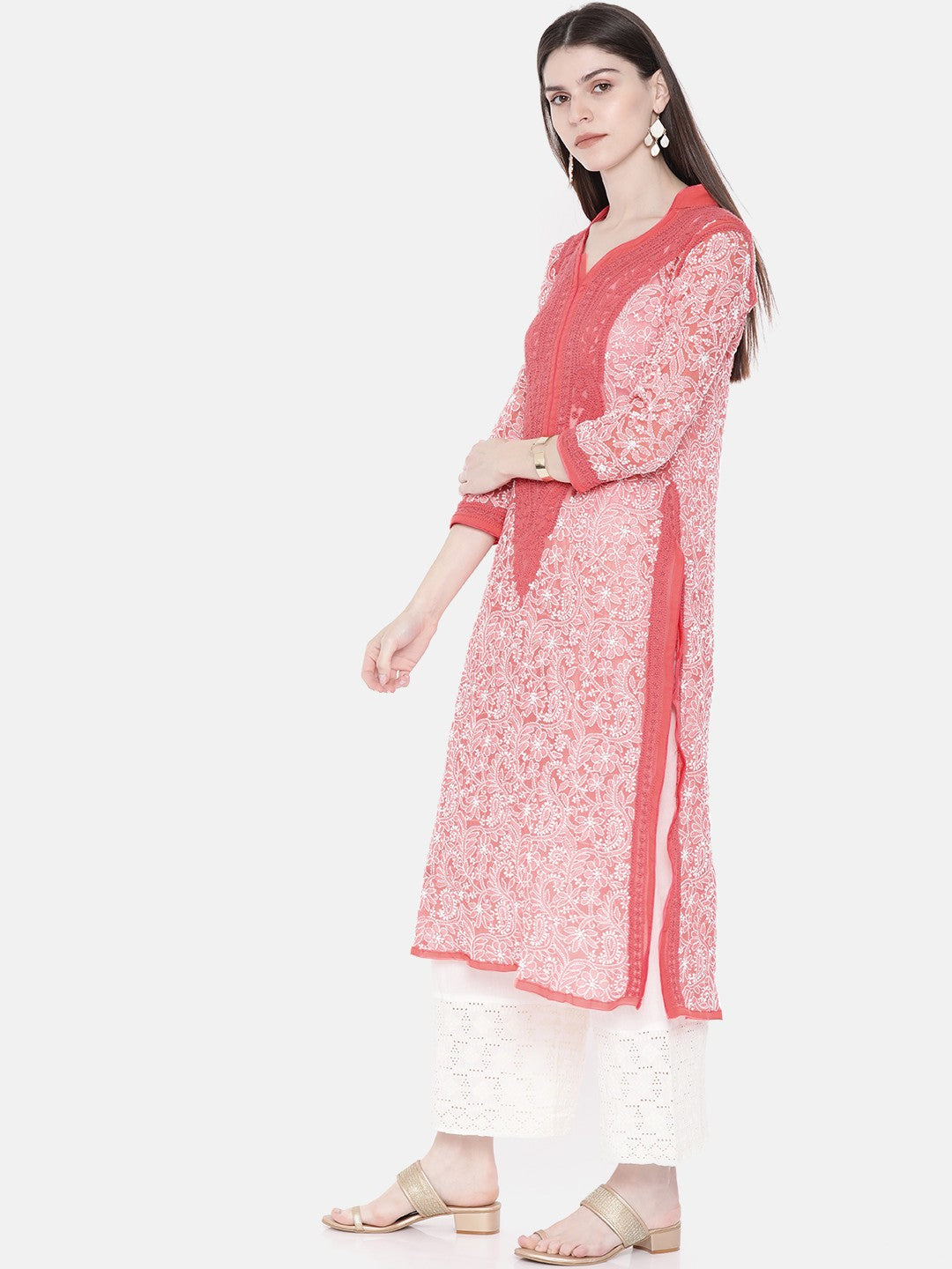Ada Hand Embroidered Carrot Pink Georgette Lucknowi Chikankari straight Kurta-A468333